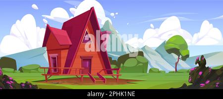 Gemütliche Holzhütte in der Nähe der Berge. Vektor-Cartoon-Darstellung der wunderschönen natürlichen Landschaft, Glamping-Hütte mit Terrasse oder Balkon, grüner Hügel und Pflanzen im Tal. Erholungsszene Stock Vektor