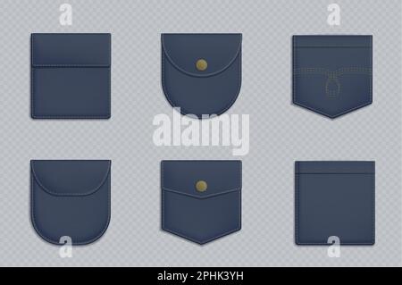 Realistische Jeans strukturieren den Vektor der hinteren Tasche. 3D blaues Denim-Stoffmuster mit Ziernaht auf transparentem Hintergrund. Hosen-Accessoire mit Naht und Knöpfen. Stock Vektor