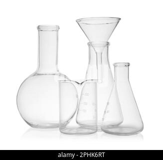 Set Laborglas auf weißem Hintergrund Stockfoto