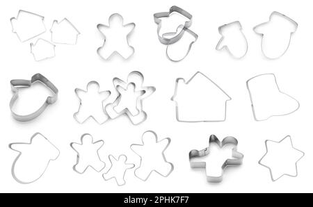 Set mit Keksschneidern unterschiedlicher Formen auf weißem Hintergrund Stockfoto