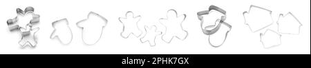 Set mit Keksschneidern unterschiedlicher Formen auf weißem Hintergrund. Bannerdesign Stockfoto