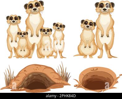 Satz von erdmännchen Zeichentrickfigur Abbildung Stock Vektor