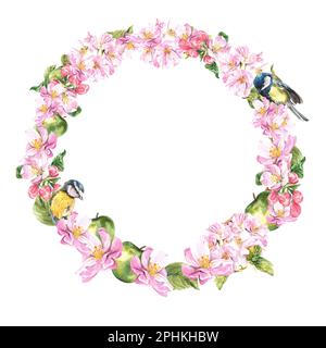 Rosafarbene Obstblume (Apfel, Kirsche, Pflaume, Sakura). Aquarellkunst Stockfoto