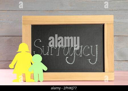 Kleine Tafel mit dem Wort Surrogacy und Ausschnitten aus Papier auf pinkfarbenen Holztisch Stockfoto