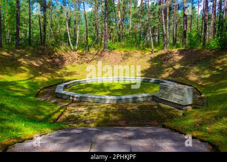 Eine ausgegrabene Grube, in der Leichen während des Ponary Massakers in Paneriai in Litauen verbrannt wurden. Stockfoto