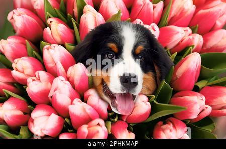 Bezauberndes Berner Hündchen, umgeben von wunderschönen Tulpen. Frühlingsstimmung Stockfoto