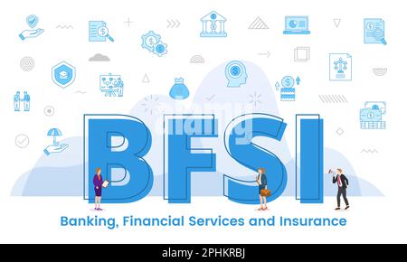 bfsi-Bankwesen, Finanzdienstleistungen und Versicherungskonzept mit großen Wörtern und Personen, die von einem Symbol mit blauer Vektordarstellung umgeben sind Stockfoto