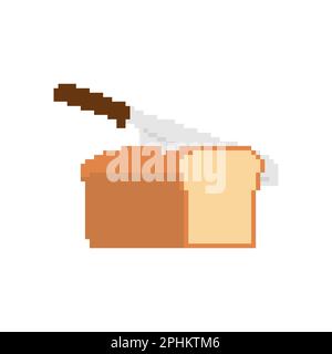 Das Messer schneidet Brotpixel. 8 Bit Brot und Stück. Verpixelte Vektordarstellung Stock Vektor