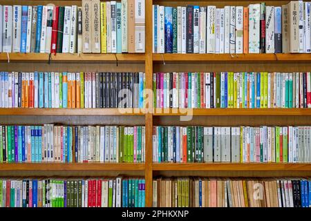 Japanische Bücher in Regalen in einem antiken Buchladen in Tokio, Japan Stockfoto