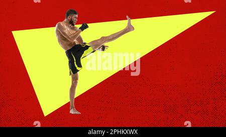MMA-Kämpfer. Muskulöser, starker Mann, professioneller Boxer, Kampfsport. Collage für zeitgenössische Kunst. Stockfoto