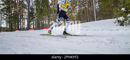 Männlicher Sportler beim Skilanglauf, Fischer Rennskier, wintersport der olympischen spiele, Editorial Photo Stockfoto