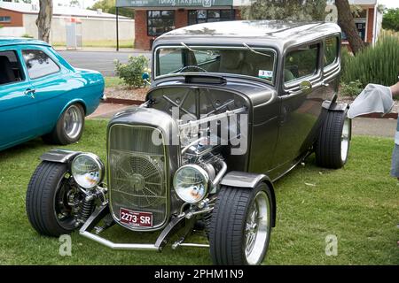 Tongala, Victoria Australien, 25. Februar 2023 Ein schwarzer Hotrod bei Tongala Show and Shine Stockfoto