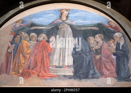 Ghirlandaios Madonna della Misericordia, für die Vespucci-Familie. Amerigo rechts von ihr. San Salvatore in Ognissanti, Florenz Stockfoto