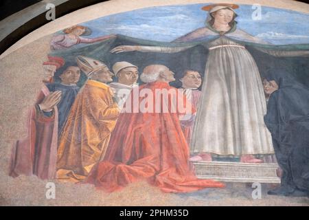 Ghirlandaios Madonna della Misericordia, für die Vespucci-Familie. Amerigo rechts von ihr. San Salvatore in Ognissanti, Florenz Stockfoto