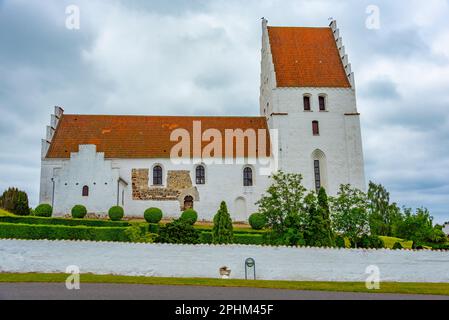 Elmelündenkirche in Dänemark an einem bewölkten Tag. Stockfoto