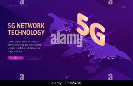 Isometrische Landing-Page für 5G-Netzwerktechnologie. Weltweite drahtlose mobile Telekommunikation Mobilfunk der neuen Generation, Hochgeschwindigkeits-Internet-Verbindung, 3D-Vektordarstellung, Webbannervorlage. Stock Vektor