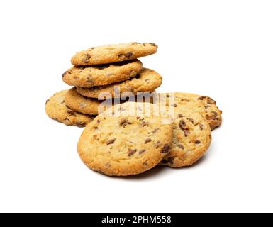 Einfaches Cookie isoliert. Haferflocken, Zuckerbrocken, Schokoladenstückchen. Runde Kekse, Draufsicht Stockfoto