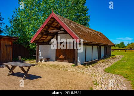 Rekonstruierte wikingerhäuser in Trelleborg, Dänemark. Stockfoto