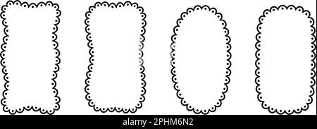 Doodle Retangle und ovale Muschelrahmen. Handgezeichnete Rechteck- und Ellipsenformen mit ausgekrümmten Kanten. Einfaches Etikettenformular. Rahmen aus Blumenspitze Stock Vektor