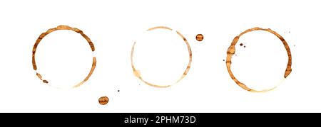 Isolierter Kaffeefleck, Kaffeestempel, runde Markierung am Tassenboden, Fleckenfleck mit verschüttetem Kaffeekreis auf weißem Hintergrund Stockfoto