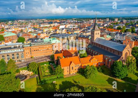 Panoramablick auf St. Canute's Cathedral in der dänischen Stadt Odense. Stockfoto