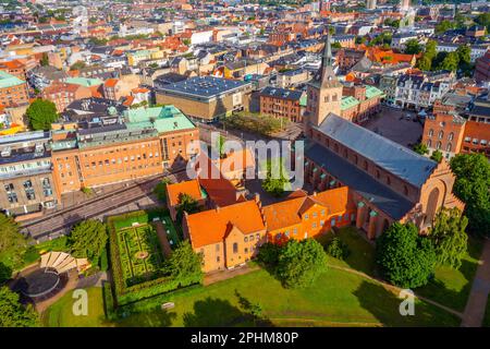 Panoramablick auf St. Canute's Cathedral in der dänischen Stadt Odense. Stockfoto