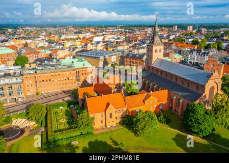 Panoramablick auf St. Canute's Cathedral in der dänischen Stadt Odense. Stockfoto