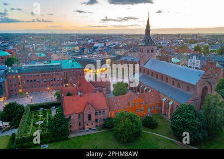 Panoramablick bei Sonnenuntergang auf St. Canute's Cathedral in der dänischen Stadt Odense. Stockfoto