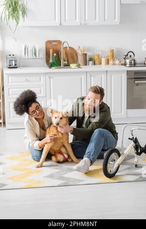 Positives multiethnisches Paar, das in der Nähe eines behinderten Hundes und Rollstuhls in der Küche sitzt, Stockbild Stockfoto
