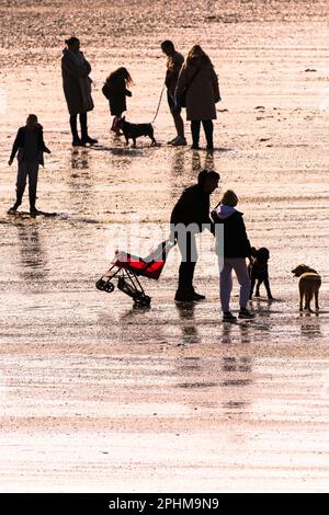 Abendlicht, das Menschen am Fistral Beach bei Ebbe in Newquay in Cornwall in Großbritannien umhüllt. Stockfoto