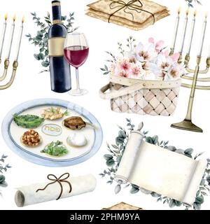 Passaheber-Symbole nahtloses Muster mit wasserfarbenem jüdischen Festtagsteller, Pesach-Essen, Blumen, Rotwein, Menora, Matzah auf weißem Hintergrund Stockfoto