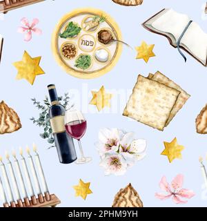 Hellblauer Passover nahtloses Muster mit Setzer Pesach Essen, koscheren Wein, Haggadah Schriftrollen, Frühlingsblumen, Kerzen, Matzah, Davidstars Stockfoto