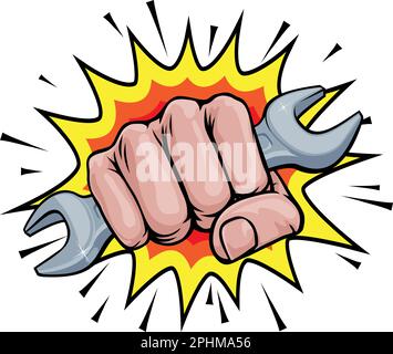 Schraubenschlüssel Fist Hand Explosion Pop Art Cartoon Stock Vektor