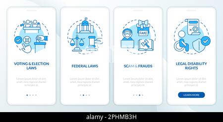 Gesetzliche und rechtliche Angelegenheiten – blauer Bildschirm für das Onboarding der mobilen App Stock Vektor