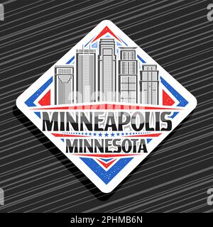 Vektorlogo für Minneapolis, weißes Straßenschild mit Strichzeichnung der modernen Stadt minneapolis auf Himmelshintergrund, dekorativer Kühlschrank Stock Vektor