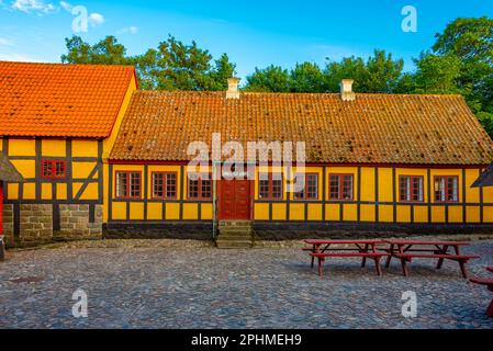 Rekonstruierte wikingerhäuser im Fyrkat wikingerzentrum in Dänemark. Stockfoto