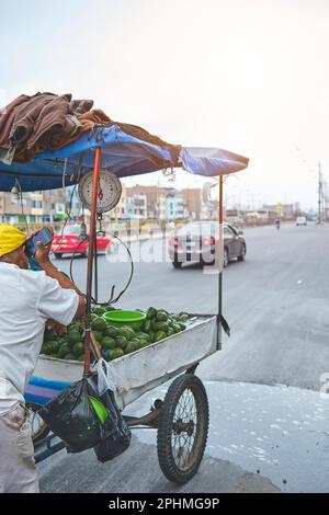 Mobiler Straßenhändler, der Avocado, Aguacate, Palta verkauft. Am Straßenrand befindet sich ein Avocado-Wagen Stockfoto