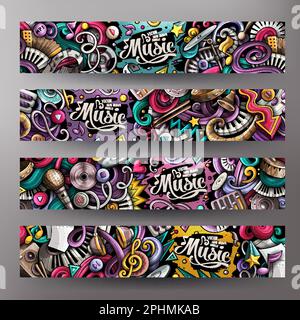 Cartoon Vektor Doodle Satz von Musik Banner Vorlagen. Corporate Identity für die Verwendung auf Einladungen, Karten, Apps, Branding, Flyern, Grußkarten, po Stock Vektor