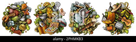 Picknick Cartoon Vektor Doodle Designs Set. Farbenfrohe, detailreiche Kompositionen mit vielen Lebensmitteln und Naturobjekten und Symbolen. Alle Elemente sind getrennt Stock Vektor