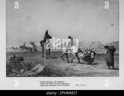 Gitcha Manito, der mächtige, ruft die Stämme der Männer zusammen ruft die Krieger zum rat aus dem Buch " The Song of Hiawatha " von Longfellow, Henry Wadsworth, 1807-1882 Publikation Datum 1898 Publisher Chicago, S. C. Andrews Stockfoto