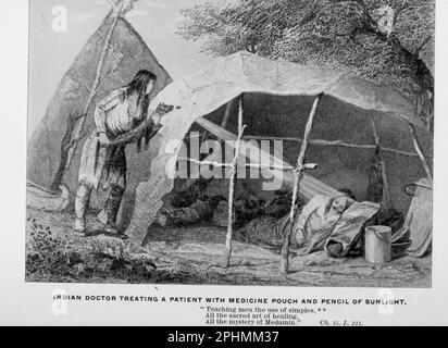 Indischer Arzt behandelt einen Patienten mit einem Medizinbeutel und einem Bleistift aus dem Buch " The Song of Hiawatha " von Longfellow, Henry Wadsworth, 1807-1882 Publikationsdatum 1898 Publisher Chicago, S. C. Andrews Stockfoto