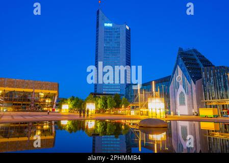 Sonnenaufgangsblick an der Universität Leipzig in Deutschland. Stockfoto