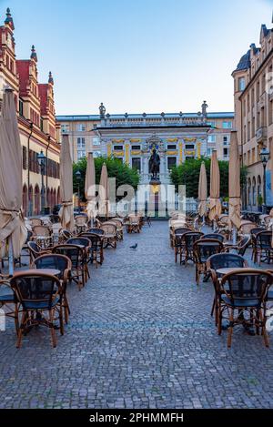 Sonnenaufgang auf die alte Börse in der deutschen Stadt Leipzig. Stockfoto