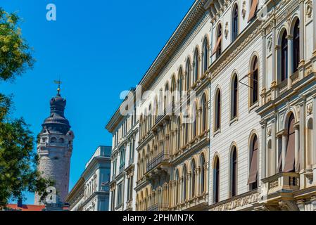 Historische Häuser in der Leipziger Altstadt. Stockfoto