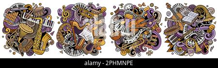 Klassische Musik Cartoon Vektor Doodle Designs gesetzt. Farbenfrohe, detailreiche Kompositionen mit vielen musikalischen Objekten und Symbolen. Isoliert auf weißer Illustration Stock Vektor