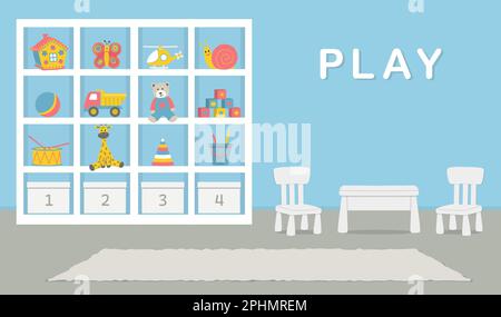 Spielraum-Innenausstattung. Kinderzimmer in blauer Farbe. Es gibt einen Schrank mit Spielzeug, einen Tisch, zwei Stühle auf dem Bild. Vektordarstellung Stock Vektor