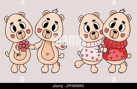 Süße Bären, verliebt. Ein paar Teddybären, die sich in romantischen Kleidern umarmen und Tiere mit Blumen paaren. Vektordarstellung. Isolierter romantischer, lustiger Charakt Stock Vektor