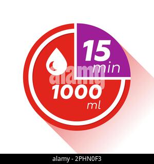In fünfzehn Minuten eine tausend Milliliter oder Milligramm Injektion, Geschwindigkeit der Infusion eines Medikaments, medizinischer flacher Vektor rundes Symbol mit langer Sha Stock Vektor