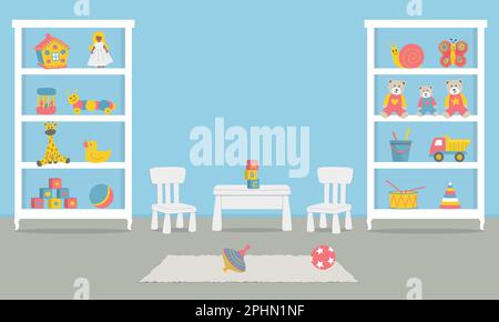 Spielzimmer. Kinderzimmereinrichtung für ein Baby in blauer Farbe. Es gibt Kleiderschränke mit Spielzeug, einen Tisch, zwei Stühle auf dem Bild. Vektordarstellung Stock Vektor