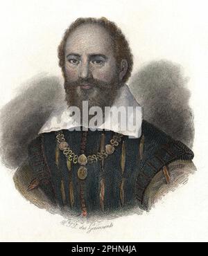 Portrait de Maximilien de Bethune, Baron de Rosny et duc de Sully (1560-1641), homme d'Etat francais, et conseiller du roi Henri IV. Gravure vers 1835 Stockfoto